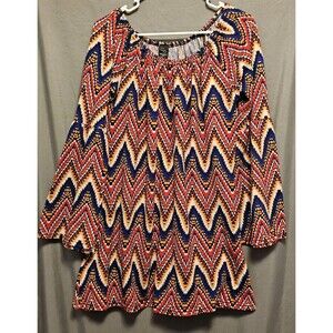 WinWin Bell Sleeve Tunic Top Womens L/XL Boho Zig Zag Print Peasant Blouse...